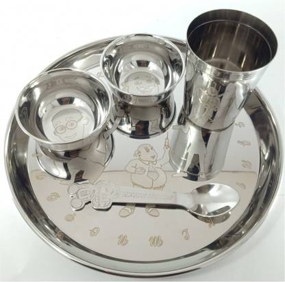 Rishabh Gold Stainless Steel Baby and Kids Dinner Set, with Motu Patalu Permanent Laser Dinner Set