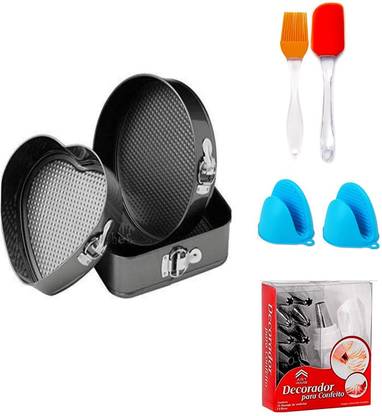 SEASPIRIT Cake Moulds for Microwave Oven Bakeware Spring Form Cake Mould Tin Set of 3 Pcs Mold Heart, Round & Square Shap Cake Mould with cake nozzle,silicone pot holder, silicone brush and spatula Kitchen Tool Set