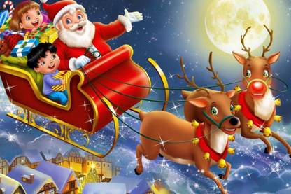 Merry Christmas/New Year Festival 2021 Santa Drive Pattern Wall Poster Art Paper 300 GSM Self Adhesive Size 12x18 inch Paper Print