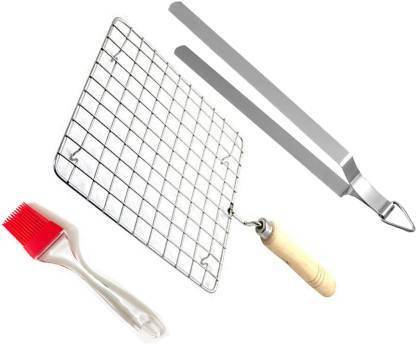 SUPREETI Stainless Steel Roaster Tandoor Paneer Roti Roaster Net Jali Papad Jali Barbecue Grill with Wooden Handle,stainsteel Chimta and butte brush 10 inch (Square set of 3) 1 kg Roaster