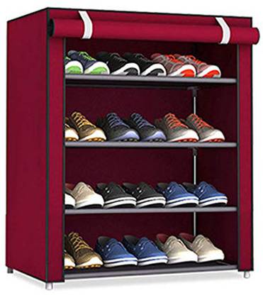 GO HOOKED 4 Layer Multipurpose Portable Folding Shoes Rack/Shoes Shelf/Shoes Cabinet with Wardrobe Cover, Easy Installation Stand for Shoes (Pack of 1) (Maroon) (Metal & Non-Woven Fabric). Metal Shoe Stand