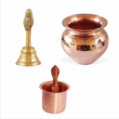 Arik Copper, Glass Pooja Samagri || Combo of 3 Set, Pujan Kalash/Pooja Ghanti and Pooja Lota with Spoon for Temple and Home for All Festive Occasion Decoration Gift Item Brass, Copper