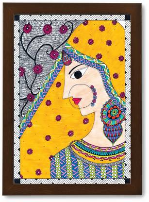Target Publications Madhubani Art - Handmade Photo Frame of Rajasthani Woman | Traditional Art Pen Sketch Drawing | Rajasthani Painting for Wall, Living Room, Bedroom, Office, Home Decoration | 12.5 x 9 inch Brown Frame Pencil 13 inch x 9 inch Painting