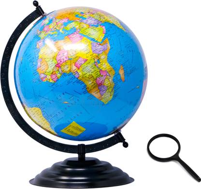 FIDDLERZ Globe For Kids, STEM STEAM Educational World Globe With 75mm Magnifying Glass For Kids/Office Globe/Political Globe/Globes for Students - 10 INCH (Medium - Blue) Desk & Table Top Political World Globe