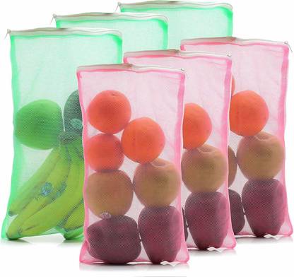 Lonekart Set of 6 Reusable Double Layer Mesh Fridge Bags for Storage of Fruits & Vegetables Pack of 6 Grocery Bags