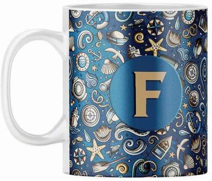 MM9E Alphabet F Letter Printed Ceramic Coffee ( D6-F ) 330 ml Ceramic Coffee Mug