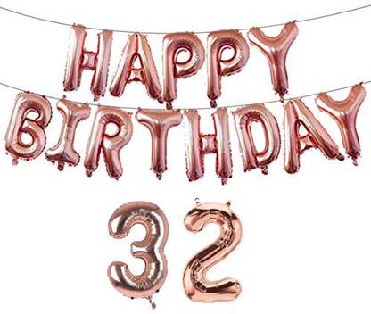 Offer99 Solid Rose Gold Happy Birhtday Banner with 32 Number Ribbon Letter Balloon for Birthday Celebration Letter Balloon