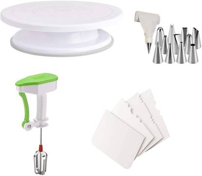 BG Plastic Cake Tools Decorating 360 Round Easy Rotate Turntable Revolving Cake Decorating Turntable Stand, 28cm, White 3pcs/Set Plastic Dough Bench Scraper Cake Cutter, Chopper, Smoother Icing Fondant Cake Decorating Pastry Baking Tool 12 Piece Cake Decorating Set Frosting Icing Piping Bag Tips with Steel Nozzles Reusable & Washable Egg Beater Lassi Butter Milk Maker Mixer Power Free Hand Blender 0 W Hand Blender (Multicolor) Kitchen Tool Set