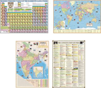INDIA MAP , WORLD MAP , PERIODIC TABLE CHART & INDIAN CONSTITUTION CHART : All Map/Chart Size : 28" X 40" INCH ( 70 X 100 cms ): PAPER PRINT : ( PACK OF 4 ) ; MOST HELPFUL IN Competitive Exams Such as UPSC, PCS, SSC, Railways Etc. ( COMBO OF 4 ) Paper Print