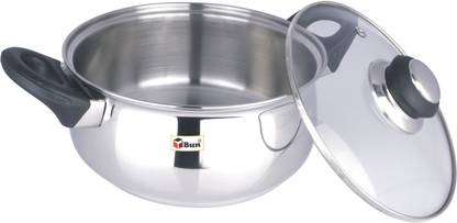 Ebun Stainless Steel Encapsulated Induction Base Belly Shape Medium Size Cooking Pot with Glass Lid Pot 18 cm diameter 1.6 L capacity with Lid
