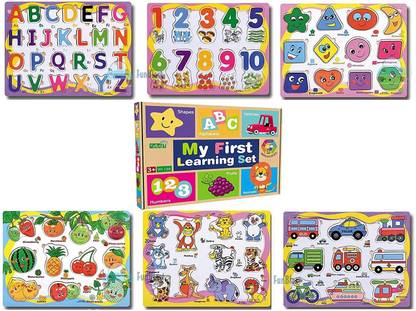 Kp Enterprise Set of 6 Puzzles Wooden Puzzle for Kids, Wooden Colorful Learning Educational Board for Kids Includes ABC, 123, Fruits, Numbers, Animals, Vehicles, Alphabet - Multi Color