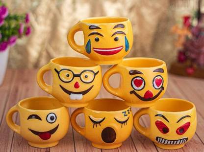 Marwari Arts Pack of 6 Ceramic Pack of 6 Ceramic, SMILEY FACE CUPS EMOJI STYLE CUP