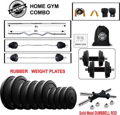 L'AVENIR 30 kg (5kg*2 + 3kg*4 + 2kg*4)RUBBER Weight + 3ft. Straight + 3ft Bend Rod + Fitness Kit Home Gym Combo