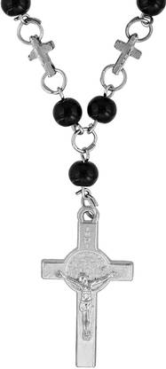 Zumrut Catholic Jewelry Religious 9mm Black Bead Jesus Cross Crucifix Rosary Prayer Bead Mala Necklace Christian Trendy Religious Jewellery for Men/Women Beads Brass, Crystal Pendant