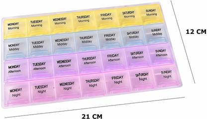Kairos 7 Compartment Weekly Pill Organizer, Medicine Storage , Timer Case Three-Times-a-Day, 1 Pill Organizer 28 Compartment Pill Box (Multicolor) Pill Box