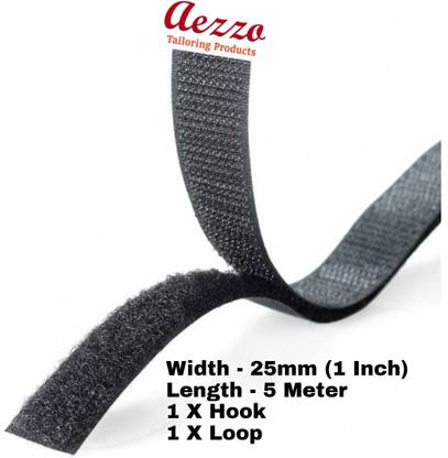 Aezzo 5 Meter Black Velcro 1Inch (25mm) Width Hook + Loop Sew-on Fastener tape roll strips Use in Sofas Backs, Footwear, Pillow Covers, Bags, Purses, Curtains etc. (5Meter Black) Sew-on Velcro