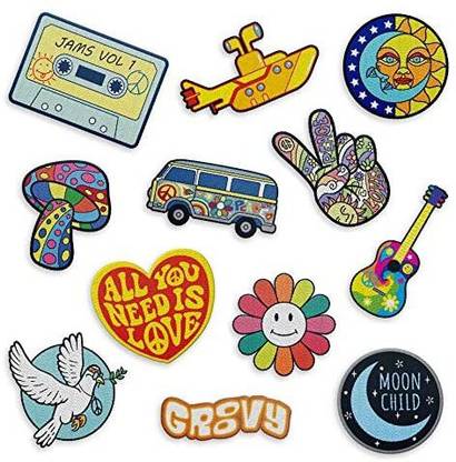 Carefree Bee Iron on Hippie Patches Retro - The Set of 12 Iron On Vintage PatchesCute Patches for BackpacksJeansJackets and Clothes