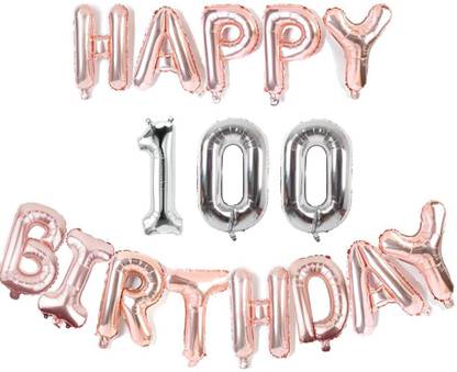 बाल सम्राट सॉलिड Solid Happy Birthday Rose Gold Foil Balloon with 100 Number Silver Foil Balloon लेटर बैलून
