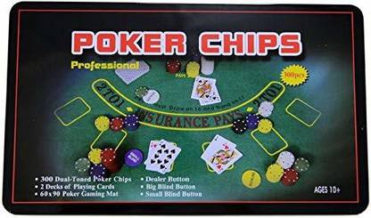 Protos India.Net 300Pcs Dual Toned Casino Poker Chips Rectangle Tin Set + Gaming Mat 2 Deck Playing Cards
