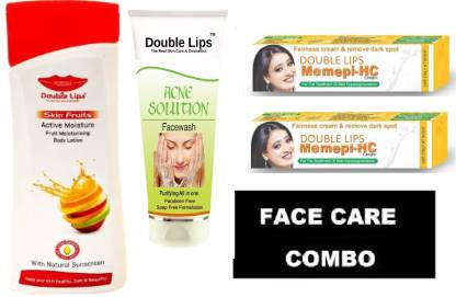 DOUBLE LIPS Purifying All In One Parabeen Free Soap Free Formulation Acne Solution face Care face wash 100 ML + Skin Fruits Active Moisture Fruit Moisturising Body Lotion + Remove Dark Spot & Fareness Cream 15 GR Pack of 2