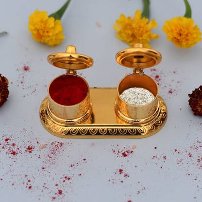 Craftam Double Dabbi Roli-Chandan, Chawal-Akshat-Haldi, Kumkum Box Tilak Chopda With Roli Rice Pack Decorative Showpiece  -  5 cm
