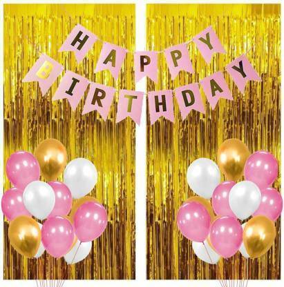 SQE Solid 1 Pink Happy Birthday Banner+2 Pc Gold Fringe Curtain+30 Pcs Mettalic Balloon Balloon
