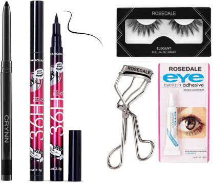 Crynn Smudge Proof HDA64 Makeup Beauty Kajal & 36H Deep Black Liquid Eyeliner & False Eyelash Pair & Eyelash Glue & Curler