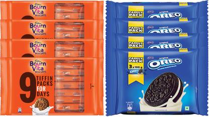 Cadbury Biscuits family Pack Combo (Bournvita Tiffin Pack, 250 gm (4 Units) + Oreo Vanilla Family Pack,300 gm (4 Units)) 2200 gm Cookies Biscuit