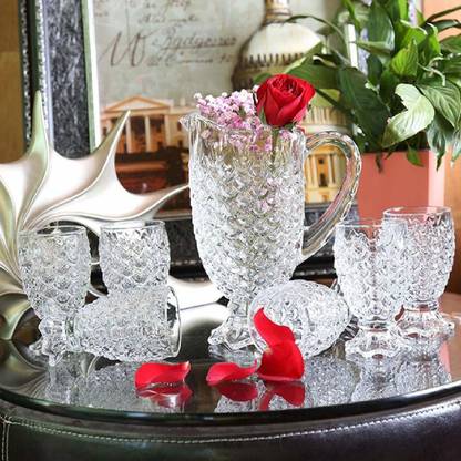 Sarsawal Crystal Cut Glass Cold Beverage JUG & Glass for Juice and Water (JUG-1.5 LT/Glass 250 ML) Jug Glass Set