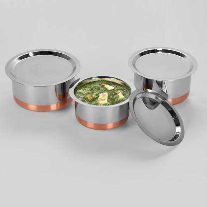PROJAIN STEEL Set Of 3 Copper Top With Lid Tope Set with Lid 2 L, 1.5 L, 1 L capacity 22 cm, 20 cm, 17 cm diameter