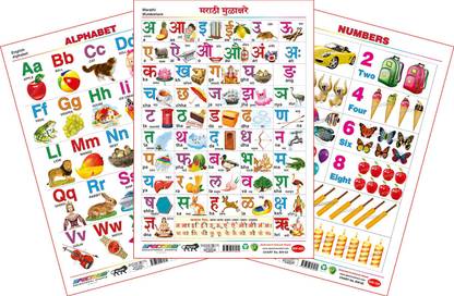 Spectrum Set of 3 Educational Wall Charts (English Alphabets, Marathi Mulakshare & Numbers 1-10)