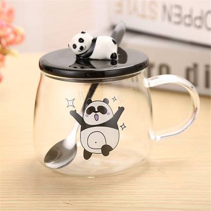 Satyam Kraft Cute 3D Happy Panda Printed Panda glass Coffee Milk Tea Cup with Funny Lid and Stainless Steel Spoon-Perfect Novelty Gift for Mom, Girls, Girlfriend, Wife, Panda Lovers Glass Coffee Mug
