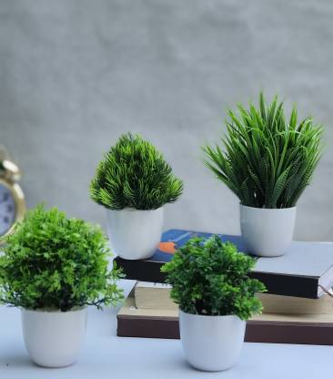 Litleo Set of 4 All Green Different For Home Office Or Decoration Bonsai Wild Artificial Plant  with Pot