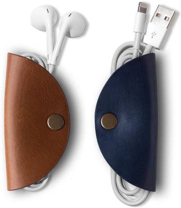 DailyObjects Kimono Cable Wrap | Real Leather Clip Organiser/Cable Holder/Wire Winder For Cables/Cord/Earphones | (Blue & Brown) - Set of 2 Earphone Cable Organizer