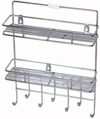 GURUZONE Wall Mount Double Layer Storage Rack with Key Holder Stand Wall Hanging 2 Layer Storage Shelf for Home Kitchen and Bathroom Steel Key Holder