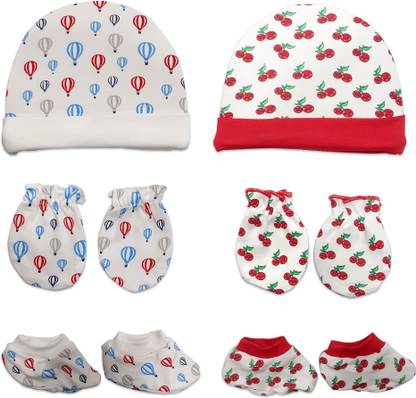 LuvLap 100% Cotton Baby Caps, Mittens and Booties Combo Set for 0-6 Months -Pack of 2