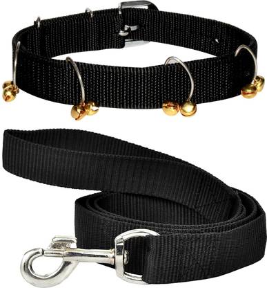 BODY BUILDING Dog Belt Combo of 1 inch Black Ghungroo Collar with Black Leash Specially for Medium Breeds Dog Collar & Leash