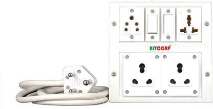 BITCORP Extension Board with Long Wire 2 Socket 16 amp 4 Socket 2 Switch (Polycarbonate) (White) (1.5 mm Wire with 16 amp Small top, 2 Meter) 2  Socket Extension Boards
