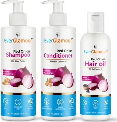 Everglamour Anti Hair Fall Combo Kit with Onion Hair Oil + Onion Shampoo + Onion Conditioner for Hair Fall Control" (3 Items in the set)