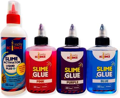 yucky science Slime and Craft Color Glue. (Purple/Pink/Blue, Pack of 3 Bottles, 100 ml Each) + 1 Bottle Slime Activator Liquid Plus Clear (200 ml). Make 20+ Slimes