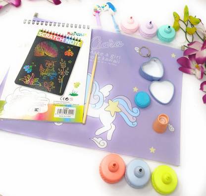Tera13 (Pack of 7 Items ) Unicorn Scratch Notebook Unicorn Colour Folder Macron Highlighter Macron Eraser Unicorn Pen Unicorn Pencil for Girls