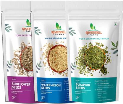 Rivendell Farms Combo of Raw Sunflower Seeds |Pumpkin Seeds | Watermelon Seeds | Rich in Nutrients | Good source of -Vitamin K |Phosphorous | Magnesium and Manganese |Each 400 Gm - Pack of 3 Pumpkin Seeds, Watermelon Seeds, Sunflower Seeds
