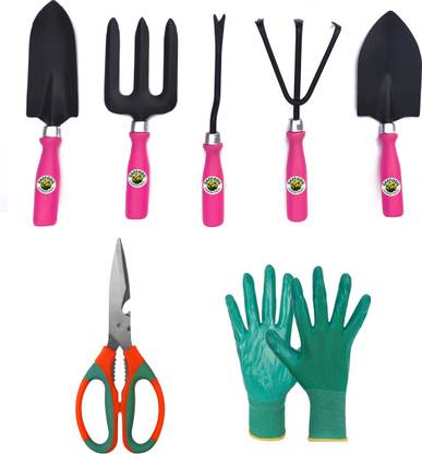Daffodil Pink Garden Tools Set of 7 with Scissor and Gloves Garden Tool Kit