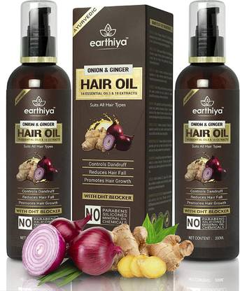 EARTHIYA Onion & Ginger Natural Herbal Anti-Dandruff Hair Oil for Hair Fall Control & Hair Growth 14 Essential Oils 18 Natural Extracts with DHT Blocker (Pack Of 2, 200ml each) Hair Oil