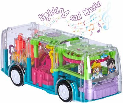 Toyvala Multifunctional Gear Light Bus Toy with Mechanical Gears Simulation,Transparent Body,3D Lights,Different Types of Music, Horn &Engine Starting Sound,360-degree Rotation for +3 Years
