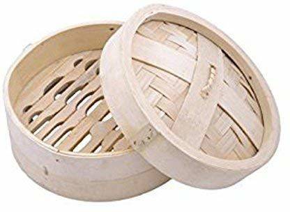 ShoppersHub PNQ 7Inches Bamboo Wood Based Round Shape Dimsum Basket with Lid Momos/Dimsum/Wanton Wooden Steamer