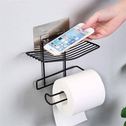 Luxdhara Multipurpose Toilet Paper Holder with Mobile Stand, Toilet Paper Holder in Bathroom Accessories Strong Vacuum Suction Cup, Multi-Function Tissue/Towel Holder Rack with Soap/Mobile Stand - Black Stainless Steel Toilet Paper Holder