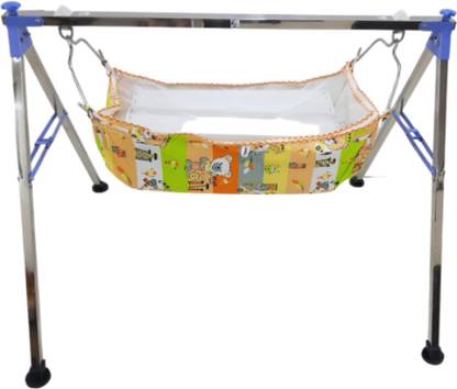 JYOTI ENGINEERING sky blue square folding kids stainless steel cradle for 0 to 3 year babieswith cotton hammock(khoyu,joli)