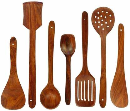 CITYCOSMETIC Handmade Wooden Non-Stick Serving and Cooking Spoon Set of 7 (Brown) Kitchen Tool Set