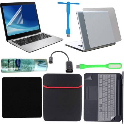 D.V TECH FULL SET OF LAPTOP PROTECTOR 10IN1 SET OF LAPTOP SCREEN GUARD 15.6 INCH, BACK LAPTOP LAMINATION 14-17 INCH, LAPTOP KEYBOARD PROTECTOR, PALMREST 14-17 INCH AND 15.6 INCH LAPTOP BAG SLEEVE CLEANER MOUSE PAD OTG MICRO USB TO USB USB FAN AND USB LIGHTPACK Combo Set